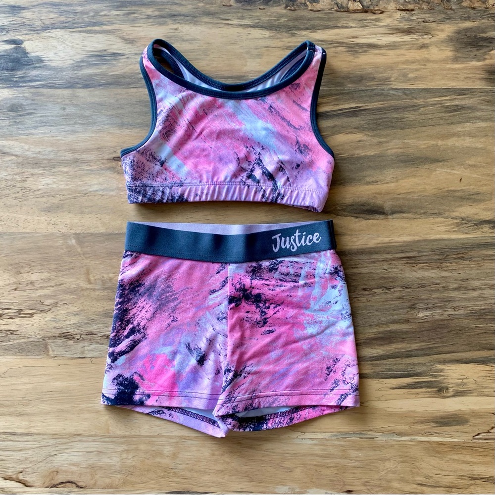 Justice Active Girl’s Sports Bra & Shorts Set Size 10 Crop Top Pink Grey White